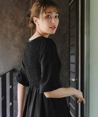 Tiaclasse 【洗える】シャーリングパフスリーブシアーワンピース ブラック