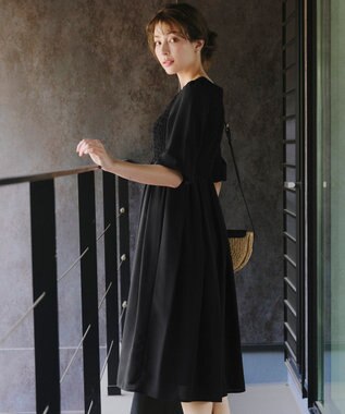 Tiaclasse 【洗える】シャーリングパフスリーブシアーワンピース ブラック