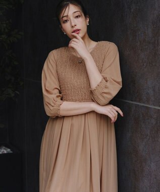 Tiaclasse 【洗える】シャーリングパフスリーブシアーワンピース キャメル