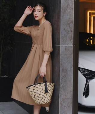 Tiaclasse 【洗える】シャーリングパフスリーブシアーワンピース キャメル