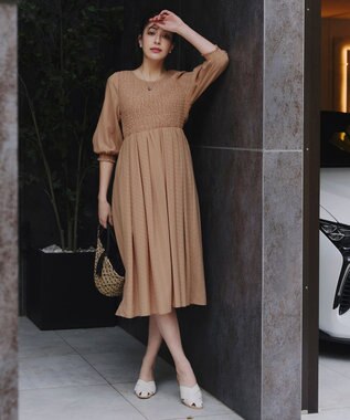 Tiaclasse 【洗える】シャーリングパフスリーブシアーワンピース キャメル