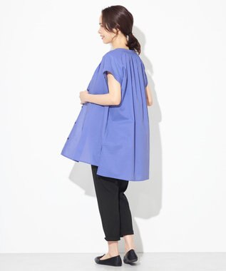 ANY 【洗える】シャーリングチュニック ブラウス ブルー系