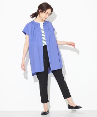 ANY 【洗える】シャーリングチュニック ブラウス ブルー系