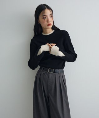 Green Parks ダブルカフスモックネック配色ニット Black