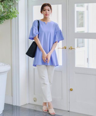 Tiaclasse 【洗える】キーネックフレア袖チュニックブラウス ブルー