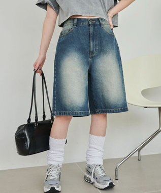 WEGO 【SMサイズ展開】ヴィンテージウォッシュデニムハーフパンツ デニム中濃色