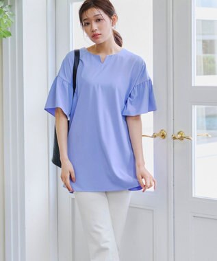 Tiaclasse 【洗える】キーネックフレア袖チュニックブラウス ブルー