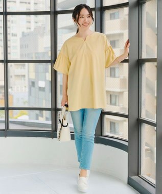 Tiaclasse 【洗える】キーネックフレア袖チュニックブラウス イエロー