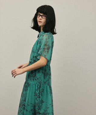 GRACE CONTINENTAL フラワープリントシャツフレアワンピース グリーン