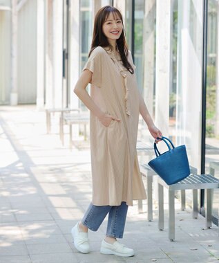 Tiaclasse L 【洗える】ストライプフリルシャツワンピース ベージュストライプ