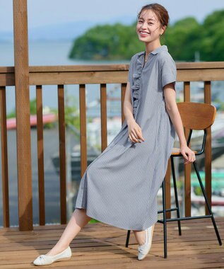 Tiaclasse L 【洗える】ストライプフリルシャツワンピース ネイビーストライプ