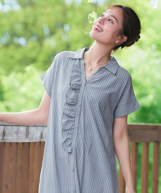 Tiaclasse L 【洗える】ストライプフリルシャツワンピース ネイビーストライプ