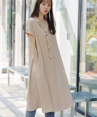 Tiaclasse L 【洗える】ストライプフリルシャツワンピース ベージュストライプ