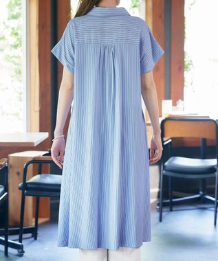 Tiaclasse L 【洗える】ストライプフリルシャツワンピース ブルーストライプ