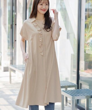 Tiaclasse L 【洗える】ストライプフリルシャツワンピース ベージュストライプ