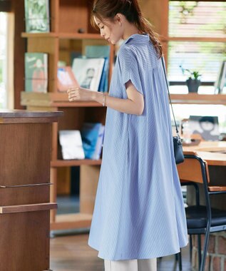 Tiaclasse L 【洗える】ストライプフリルシャツワンピース ブルーストライプ