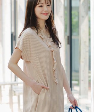 Tiaclasse L 【洗える】ストライプフリルシャツワンピース ベージュストライプ