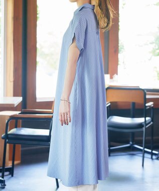 Tiaclasse L 【洗える】ストライプフリルシャツワンピース ブルーストライプ