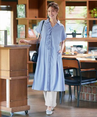 Tiaclasse L 【洗える】ストライプフリルシャツワンピース ブルーストライプ