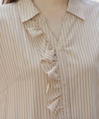 Tiaclasse L 【洗える】ストライプフリルシャツワンピース ベージュストライプ