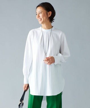 自由区 【洗える】ストレッチシャーティングスタンドカラーストライプ ブラウス アイボリー系1