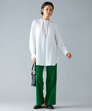 自由区 【洗える】ストレッチシャーティングスタンドカラーストライプ ブラウス アイボリー系1