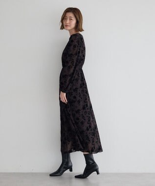 YECCA VECCA ボタニカル柄フロッキープリントワンピース Charcoal Gray