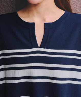 Tiaclasse 【洗える】キーネックボーダーニットチュニック ネイビー×オフホワイト