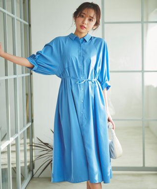 Feroux 【洗える】パフスリーブシャツ ワンピース スカイブルー系