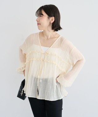 Green Parks Ｖネックフリルシアープリーツブラウス Off White