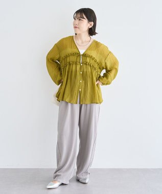 Green Parks Ｖネックフリルシアープリーツブラウス Green