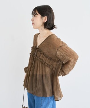 Green Parks Ｖネックフリルシアープリーツブラウス Brown