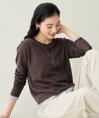 ANY カラーレイヤードニットTシャツ モカ×ブルー