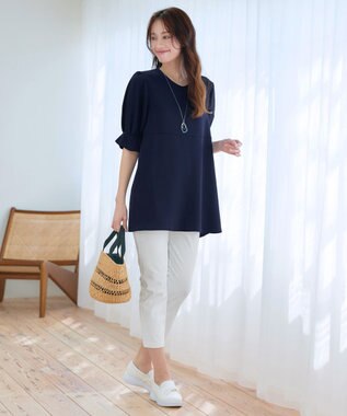 Tiaclasse L 【洗える】パフスリーブ切替フレアチュニック ネイビー