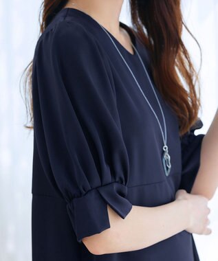 Tiaclasse L 【洗える】パフスリーブ切替フレアチュニック ネイビー