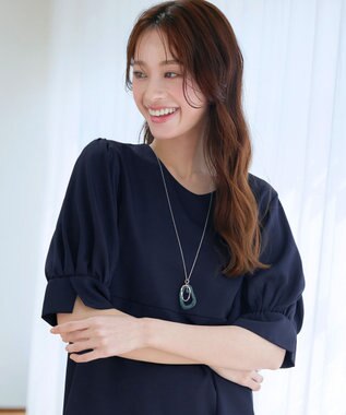 Tiaclasse 【洗える】パフスリーブ切替フレアチュニック ネイビー