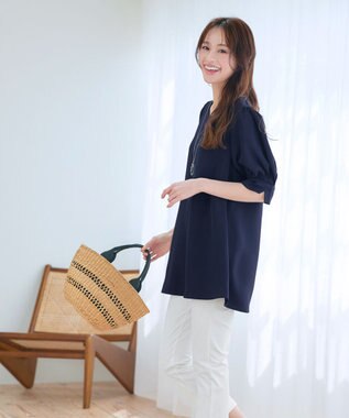 Tiaclasse L 【洗える】パフスリーブ切替フレアチュニック ネイビー