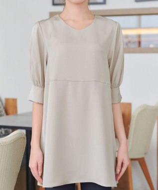 Tiaclasse 【洗える】パフスリーブ切替フレアチュニック グレージュ