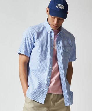 J.PRESS MEN オーガニックコットンサッカーギンガムチェックシャツ サックスブルー系3