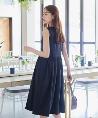 Tiaclasse 【洗える】麻調スクエアネックワンピース ネイビー