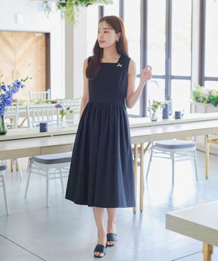 Tiaclasse 【洗える】麻調スクエアネックワンピース ネイビー