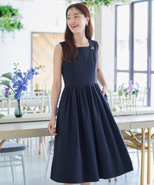 Tiaclasse 【洗える】麻調スクエアネックワンピース ネイビー