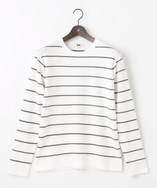 JOSEPH ABBOUD 【洗える】コットンカスリボーダー クルーネック ニット ホワイト系2