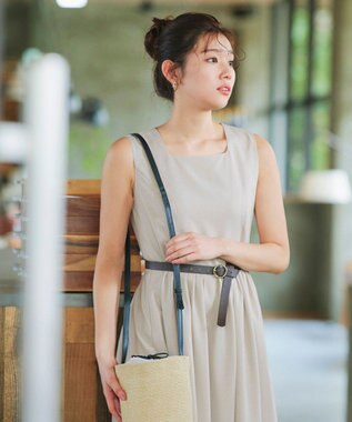 Tiaclasse 【洗える】麻調スクエアネックワンピース グレージュ