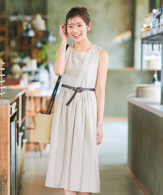 Tiaclasse 【洗える】麻調スクエアネックワンピース グレージュ