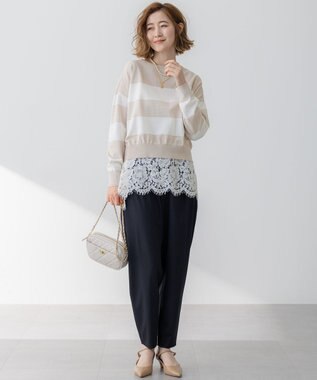 23区 【洗える】コットンポリエステルストレッチ ショート ニット ベージュ×オフ