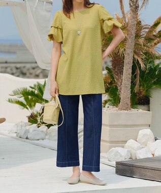 Tiaclasse 【洗える】変形バルーンスリーブカットソーチュニック ライム