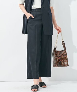 自由区 【接触冷感・速乾・UVカット・撥水・防シワ】リネンライクツイル ワイドストレート ネイビー系