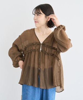 Green Parks Ｖネックフリルシアープリーツブラウス Brown