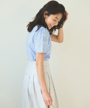 Feroux 【UVケア】ランダムリボンスリーブ Tシャツ スカイブルー系